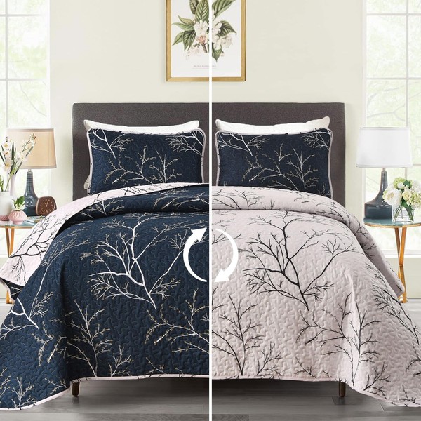 DJY 3 Piece Navy Floral Quilt Set Full/Queen Size Botanical