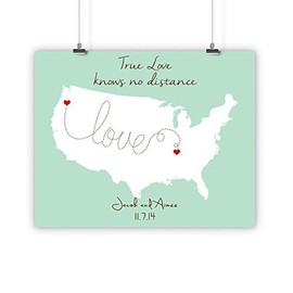 Couples Gift, Boyfriend, Girlfriend, Fiance, Long Distance Relationship Map, True Love knows no distance Print, Framed or Canvas