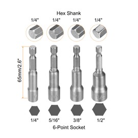 HARFINGTON 1set(4pcs) Hex Nut Driver Drill Bit 1/4,5/16,3/8,1/2" 6-Points Socket 1/4" Hex Shank Nut Setter CR-V Steel Quick-Change Nut for Power Drills Impact Drivers, Silver Tone
