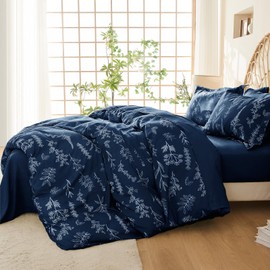 MUXHOMO Navy Blue Full Comforter Set, Elegant Floral Print Bed in a Bag 7 Pieces, Ultra Soft & Breathable Reversible Botanical Pattern Bedding Set with Comforter, Sheets, Pillowcases, and Shams