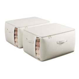 TomVista Large Canvas Clothes Storage Bags with Thick Handles and Clear Window, Foldable Cotton Linen Closet Organizer for Clothing, Blankets and Bedding, 2 Pack, Beige