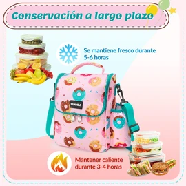 Nasjac Bolsa de Almuerzo para Niños Niñas, Loncheras Térmica Reutilizable Grande 7.5L con Bolsa para Botella, Bolsa de Almuerzo Portátil con Correa Ajustable para Escuela, Picnic,Viajes (Rosa Claro)