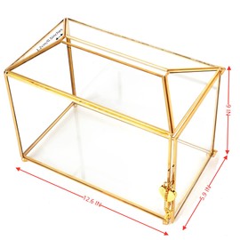 WHSLILR 12.6" Glass Card Box Wedding Card Box with Lock for Wedding Reception Cosmetic Home Decor, Handmade Large Geometric Terrarium with Hinged Lid, Brass Frame - (Golden/Roof)