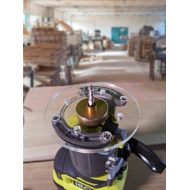 1/4" thick plexiglass base plate for Ryobi one+ PCL424B and Rigid R860443 routers with a recess for bushings. (4" Circle)