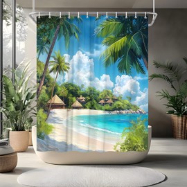 RJSMRJ Beach Ocean Shower Curtain Coastal Palm Tree Summer Tropical Hawaii Seaside Nature Sea Scene Waves Seascape Holiday Bathroom Curtains Set Polyester Fabric with Hooks 70" W x 70" L