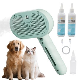 HESUSLA Pet Steam Brush for Dogs & Cats - 2-in-1 Deshedding & Detangling Tool with Steam Spray, Anti-Static Grooming Brush for Long/Short Haired Pets, Waterless Cleaning & Massage(Green)