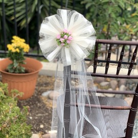 Large Ivory Assembled Wedding Pew Bows with Light Pink Mini Roses & Tulle Tails - 10" Wide, Set of 6, Valentine's Day, Reception, Aisle Decoration, Bridal Shower, Anniversary, School Dance, Formal