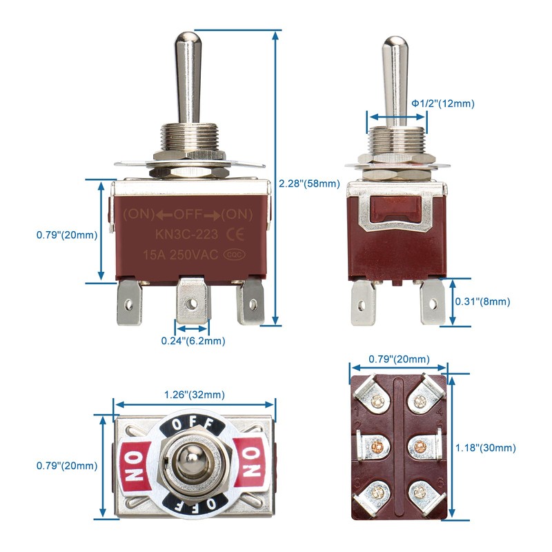 Baomain Momentary Toggle switch (ON)-OFF-(ON) 6 Pins 3 Positions DPDT