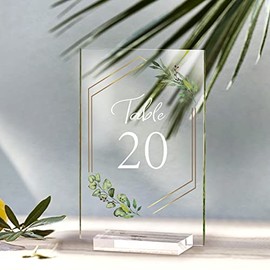 AerWo - Tabla de boda acrílica con números de 1 a 20 con soportes, tarjetas de lugar transparentes de 4 x 6 pulgadas con borde dorado, tema floral verde, números de mesa rústicos para boda, recepción,