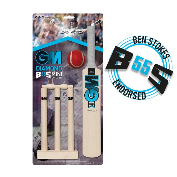 Gunn &amp; Moore GM Wooden Cricket Bat &amp; Stumps Set, BS55 Ben Stokes Range - Mini Cricket Set