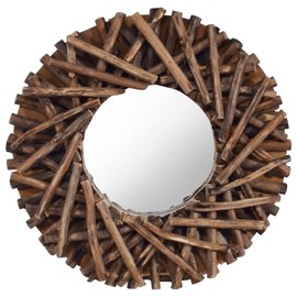Udorich Rustic Teak Round Wall Mirror for Elegant Home Decor, Handwoven Frame, for Living Room, Bathroom, and Entryways, 15.7-Inch