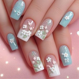 24 Pcs Flowers Press On Nails Short Square,YEFIUO Spring Summer Blue Fake Nails Press ons Nail Art Tips Acrylic Nail Kit Glue on Nails Full Cover Blue False Nails with Floral Glitter Design for Ma'am