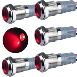 DMWD 5 Pcs 12V-24V 20mA Energy Saving LED Indicator Light Pilot Dash Warning Signal Lamp Mounting Hole 2/5" Waterproof with 15cm/5.9in. Wire for Car Truck Boat (10mm Red)