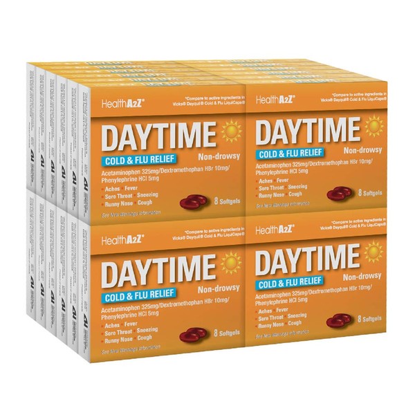 HealthA2Z Daytime Cold & Flu Relief - | 8 Count Softgels (Pack of 24) | (192 Softgels Count) | Compare to Vicks® Dayquil® Cold & Flu Liqui Caps Active Ingredient