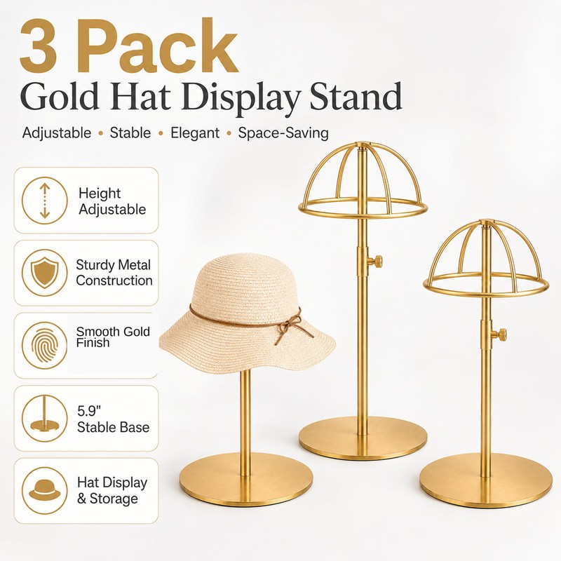 Lorveelo Hat Display Stand 3PCS, Gold Stainless Steel Adjustable Hat