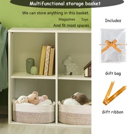 COMFY HOMI Small Woven Baskets with Handles, Gift Bags and Ribbons - Durable Cotton Rope Storage Organizer for Baby Basket, Dog Toy Basket Box, Gift Baskets Empty, Mother’s Day-12x8x5 Inch, Whitebrown