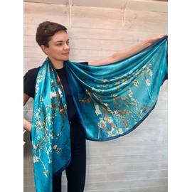 100% silk scarf- turquoise Van Gogh 'Almond Blossom'. Touch of elegance. Hangs beautifully.Luxury.