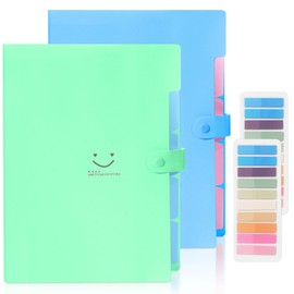 Pack of 2 A4 Document Folders, Expanding Folder A4 with 400 Labels, 5 Compartments A4 Folder with Press Stud for Home, Office, School and Travel (Blue + Green)