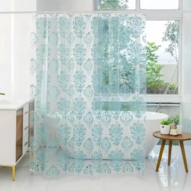 Clear Blue Print Shower Curtain Liner, Plastic Transparent Shower Curtain with Design, See Through Cool Shower Curtain Blue Clear, 72x72 Waterproof Weighted Grommet Shower Curtain Set with 12 Hooks