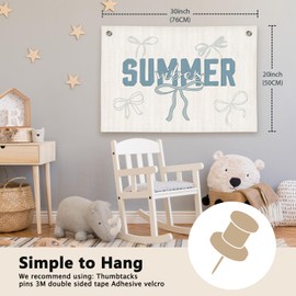 ETVISO Coastal Preppy Beach Summer Vibes Coquette Minimalist Bow Girls Room Decor - Linen Banner Wall Hanging Canvas Banner Flag Decor for Toddler Girls Dorm Bedroom Nursery Playroom