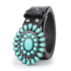 Bawnhaw Black Western Vintage Concho-Turquoise-Belts for Women Men Embossed-PU-Leather Country Rodeo Cowgirl-Belts with Big-Buckle for Jeans Dresses Pants (29"-37")