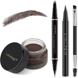 LAVONE Kit de Maquillaje Lápiz de Cejas, Con Pluma Microblading de Cejas Impermeable 2 En 1, Pomada de Cejas, Delineador de Ojos y Brocha de Cejas de Doble Punta, Kit de Lápiz de Cejas para Cejas Natu