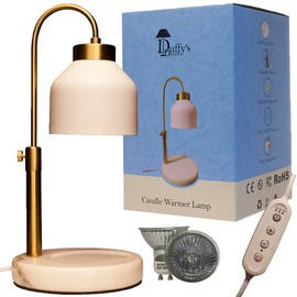 Duffy's Decor Candle Warmer Lamp (with Timer, Dimmer, Adjustable Height, White Marble Base, White Metal Lampshade, and Includes Two Bulbs).