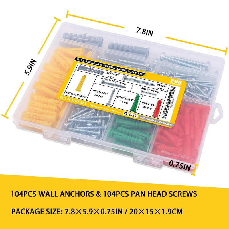 JEGONFRI 208PCS Drywall Anchors and Screws Assortment Kit, Wall Anchors