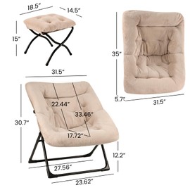 Mordchil HF Folding Saucer Chair with Ottoman, Foldable Comfy Faux-Fur Reading Chair and Footrest Stool Set, Accent Lazy Chairs and Footstool, Lounge Chairs for Living Room, Bedroom, Dorm, Light Khaki