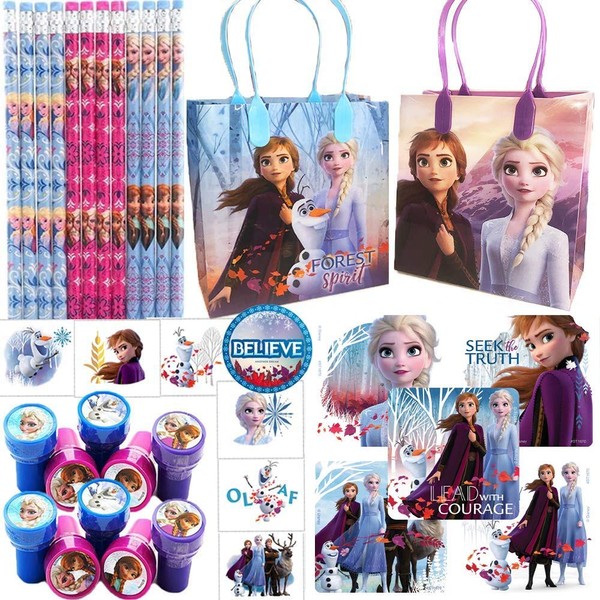 Frozen 2 Birthday Party Goodie Bag Fillers and Party Favors Pack For 12 With Frozen 2 Pencils, Tattoos, Stickers, Reusable Goody Bags, Snowflake Stampers, and Frozen Inspired Pin by Another Dream