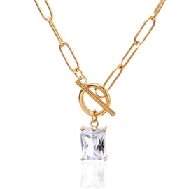 TaYolnFaSo Gold Paperclip Toggle Necklace Natural Stone/Emerald Cut Birthstone Pendant Paper Clip Chain Necklace Toggle Paperclip Jewelry Birthday Gift for Women, Gold Plated, Cubic Zirconia