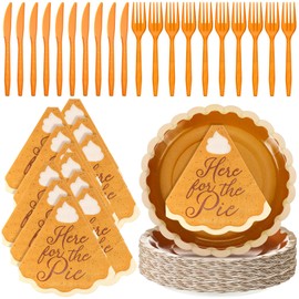 Yungyan 24 Set Fall Thanksgiving Pumpkin Pie Paper Plates Napkins with Forks and Knives for Guests, Disposable Friendsgiving Turkey Party Supplies Pumpkin Autumn Dinner Dessert Dinnerware Decorations