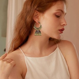 Huggie Hoop Jhumka Jhumki Earrings Exaggerated Bell Tassel Bollywood Traditional Dangle Bohemian Beaded Drop Dainty Dangling Big Earring Ethnic Gypsy Indian Boho Jewelry for Women Gift (Golden)