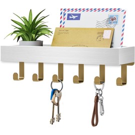ROPALINS Key Holder Wall Mount Adhesive Magnetic - Hanging Key Hooks with Mail Organizer Tray for Wallet House - Keys Hanger Rack with Shelf for Camper Entryway Door Home Living Room Decor Gold White