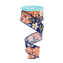 Cinta de flores de acuarela de primavera, borde con alambre, 1.5 x 10 yardas (azul marino)