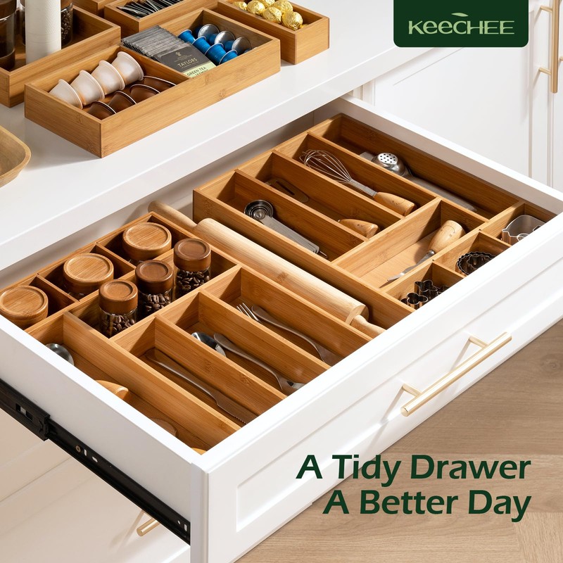 Carbonized Bamboo Kitchen Drawer Organizer, 8 Slots Silverware Organizer, Utensil