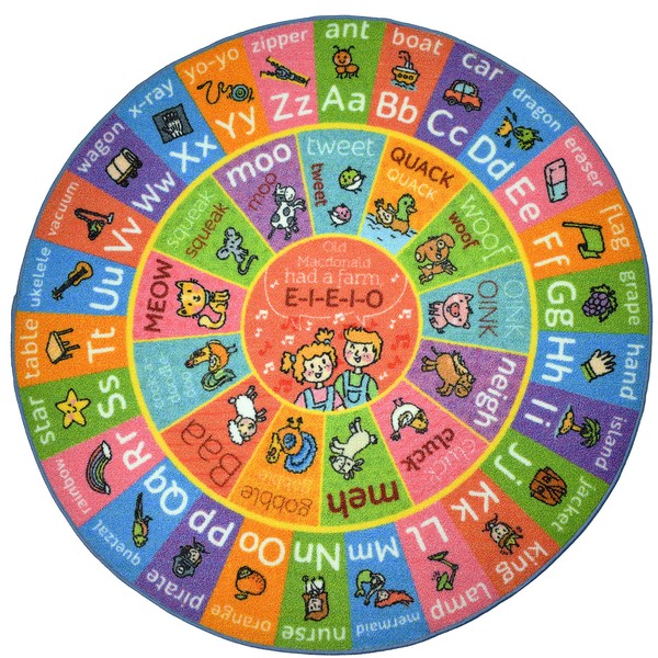 KC Cubs Playtime Collection ABC Alphabet with Old MacDonald's Animals Educational Learning & Game Round Circle Area Rug Carpet for Kids and Children Bedrooms and Playroom