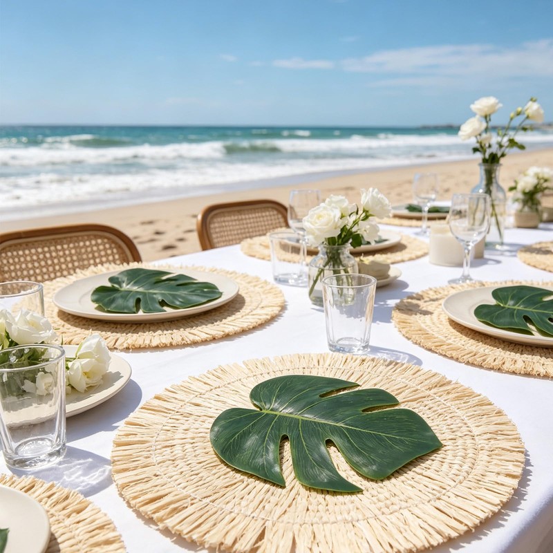 12Pcs Placemats and Palm Placemat, Green Straw Leaf Table Mat,