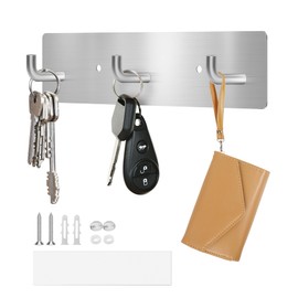 RELBRO Key Holder Wall Mount, Silver Small Key Hanger Self Adhesive Key Rail with 3 Key Hooks Metal Key Rack Organizer for Doorway Entryway Hallway Camper RV 2 Installation Options