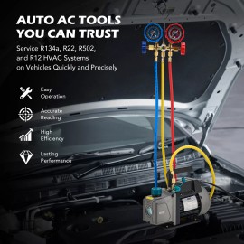 Unbranded OMT Manifold Gauge & Air Vacuum Pump Auto AC Tools for R502 R22 R134a R12 3.5cfm