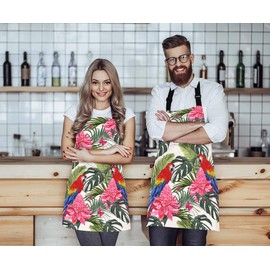 WONDERTIFY Tropical Scenery Apron,Beautiful Floral Summer Tropical Palm Leaves Parrot Bib Apron with Adjustable Neck for Men Women,Suitable for Home Kitchen Cooking Waitress Chef Grill Bistro Apron