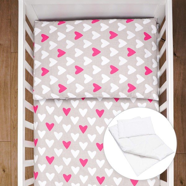 4 Piece Toddler Kids Cot Bed Set 120x90 cm Duvet Pillow Duvet Cover Pillowcase (Pink Hearts)