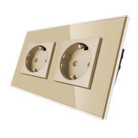 CNBINGO Glass Schuko Socket, Flush-Mounted, Double Wall Socket, Gold, with Glass Frame