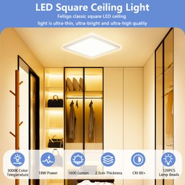 LED Ceiling Light Living Room 3000K-18W-1600LM, IP44 Waterproof Modern Simple Ultra Thin Lamp for Bedroom, Bathroom, Hallway, Balcony, Kitchen, Cellar - 22 cm, Square