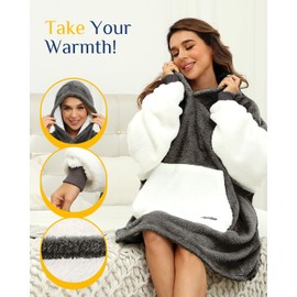 Argstar Oversized Hoodie Blanket, Wearable Blankets Hoodie, Lightweight Hooded Blanket, Cuddly Velvet Blanket, Warm Hoodie with Pocket and Elastic Sleeves for Adults, Women and Men, Grey
