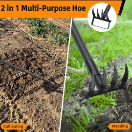 62.6Inch Action Stirrup Hoe Garden Tool Weed Puller with Adjustable Long Handle, Heavy Duty Hula Hoe and 4 Tines Rake 2 in 1 Gardening Tools Garden Cultivator for Weeding Soil Loosening, Black