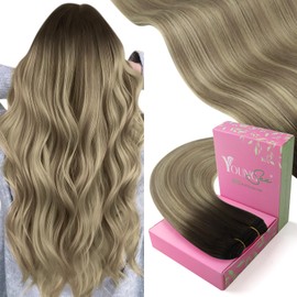 YoungSee Weft Extensions Brown Ombre Dark Brown Ombre Light Brown with Blonde Sew in Real Hair Extensions for a Realistic and Undetectable Look 18Inch 100G