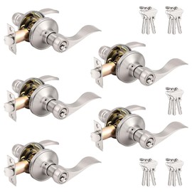 Probrico (5 Pack Wave Style Keyed Alike Entry Levers, Reversible Keyed Door Handles with Lock and Same Keys, Exterior Interior Entry Locks in Satin Nickel Finish