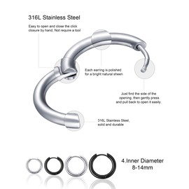 4 Pairs Stainless Steel Hoop Earrings Nose Lip Rings Small Cartilage Hoop Earrings for Men and Women Accessory Favors, 8 mm, 10 mm, 12 mm, 14 mm (Steel Color, Black)
