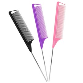 Rat Tail Combs Set: 3Pcs Long Steel Pin Teasing Combs in Purple, Black, Pink for Salon Hair Stylists, Ideal for Teasing and Hair Coloring - Color: Green